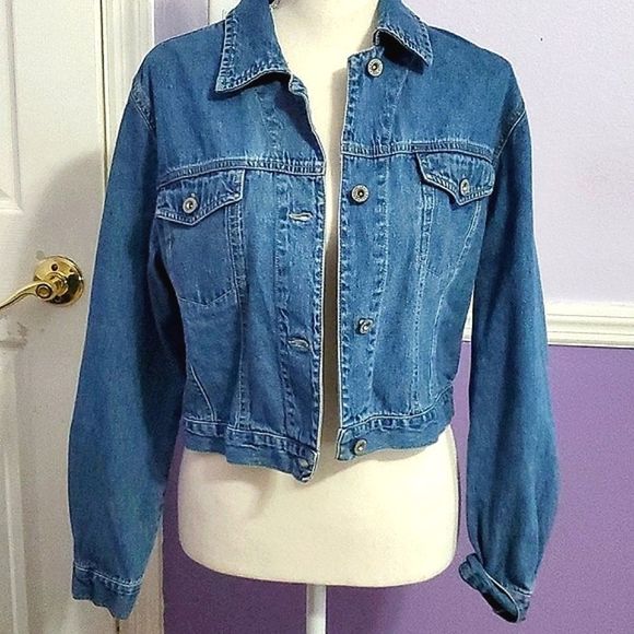 Real 90s Retro Medium Wash Loose Fit Cropped Denim Jean Jacket - Picture 1 of 11